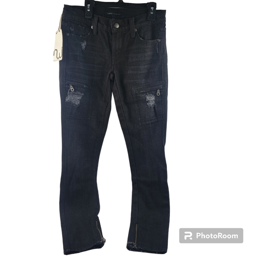 NWT Work Custom Jeans black zip bottom distressed zip pocket denim jeans Size 26